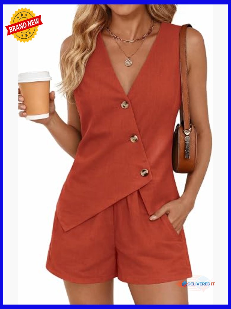 Women's Linen 2 Piece Set - Button Down Vest & Shorts Summer Outfit